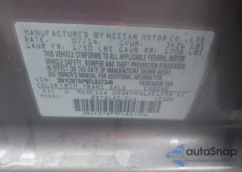 2015 Nissan Versa 1.6 S+ from USA, damaged, VIN 3N1CN7AP9FL837346